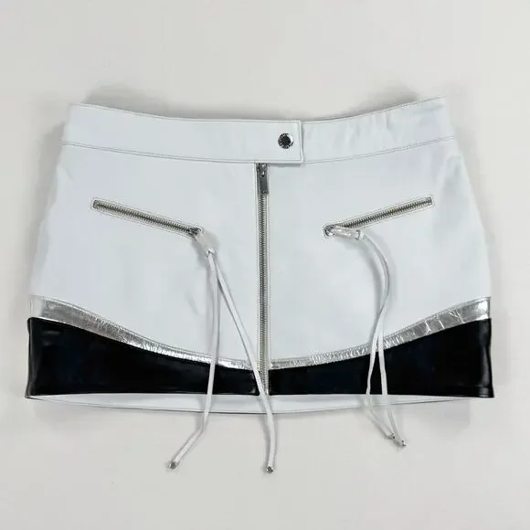Retrofete Womens Sian Leather Zipper Mini Skirt Medium White Black Edgy - Picture 2 of 13